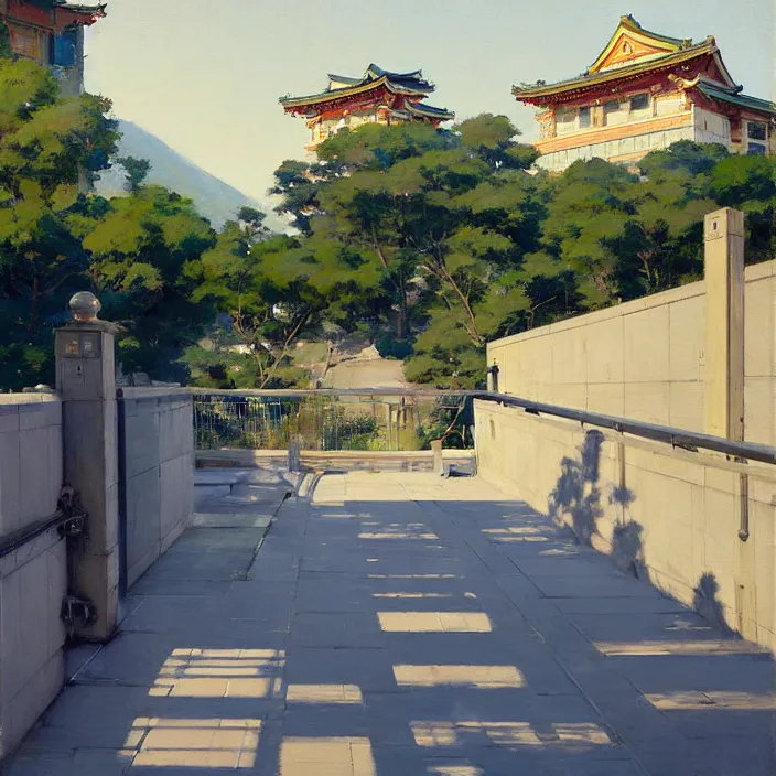 Image similar to painting of a stone railing urban japanese city in the background, calm, sunny day, artwork by jeremy lipkin and giuseppe dangelico pino and michael garmash and rob rey and greg manchess and huang guangjian and makoto shinkai, sharp edges, simple form, 1 0 0 mm