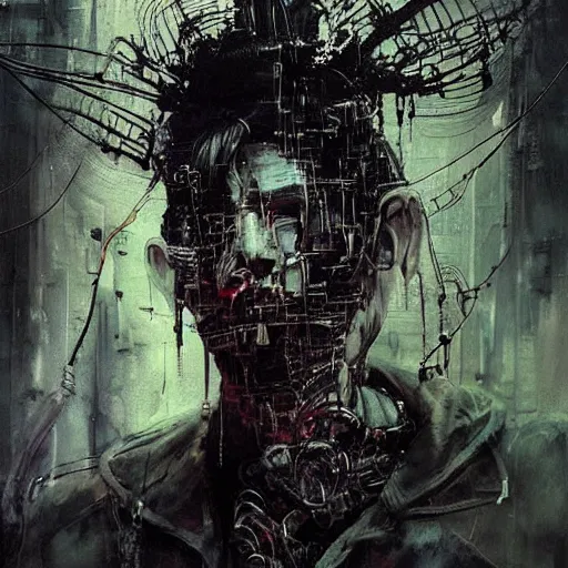 Prompt: cybernetic dream hunter, cyberpunk, wires, skulls!! machines ( by emil melmoth zdzislaw belsinki craig mullins yoji shinkawa ) realistic render ominous detailed photo atmospheric by jeremy mann francis bacon and agnes cecile ink drips paint smears!! digital glitches glitchart!!