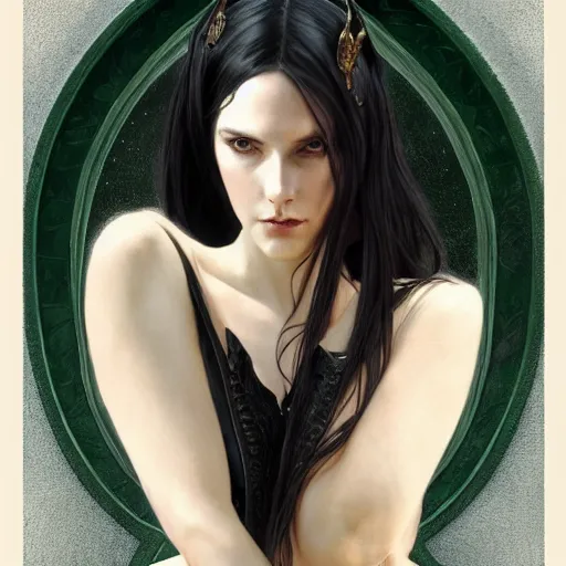 Image similar to Portrait of slim shapely pale young sorceress wearing black leather armor, long black hair, green eyes, intricate, elegant, highly detailed, digital painting, artstation, concept art, smooth, sharp focus, illustration, art by artgerm and greg rutkowski and alphonse mucha and andrei riabovitchev