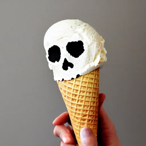 Prompt: an ice cream cone but the ice cream is a skull