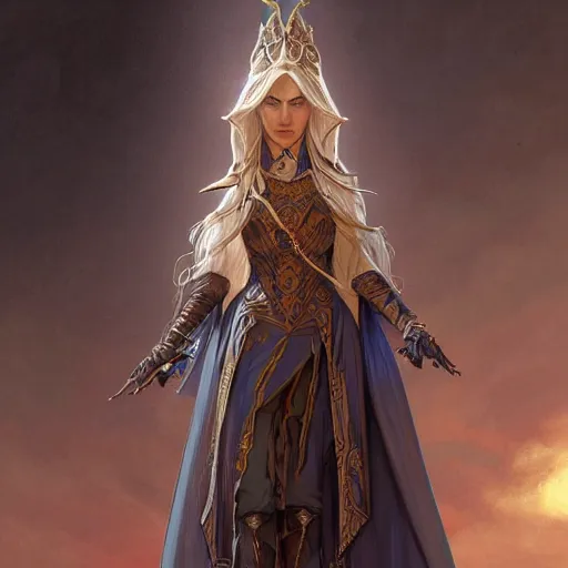Image similar to full portrait of an elder elegant high elf , D&D, fantasy, intricate, cinematic lighting, highly detailed, digital painting, artstation, concept art, smooth, sharp focus, illustration, art by Terry Moore and Greg Rutkowski and Alphonse Mucha