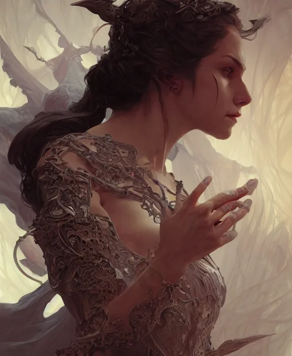 Prompt: portrait of a demon, half body, d & d, fantasy, intricate, elegant, highly detailed, digital painting, artstation, concept art, art by artgerm and greg rutkowski and alphonse mucha