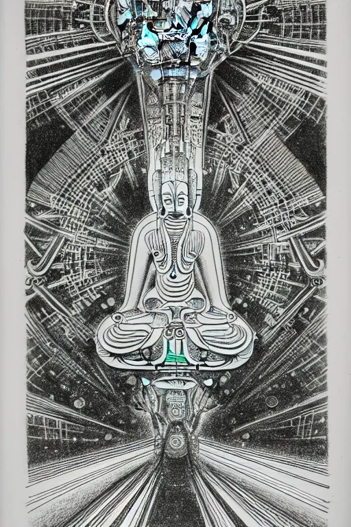 Prompt: a black and white drawing of awakened ancient futuristic japanese buddha mech meditating, bioluminescence, a detailed mixed media collage by eduardo paolozzi and ernst haeckel, intricate linework, sketchbook psychedelic doodle comic drawing, geometric, deconstructivism, matte drawing, academic art, constructivism