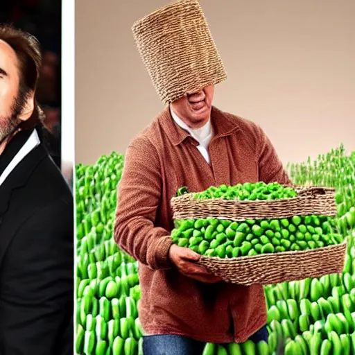 Image similar to nicolas cage wearing a wicker basket on head screaming a mouth full of peas