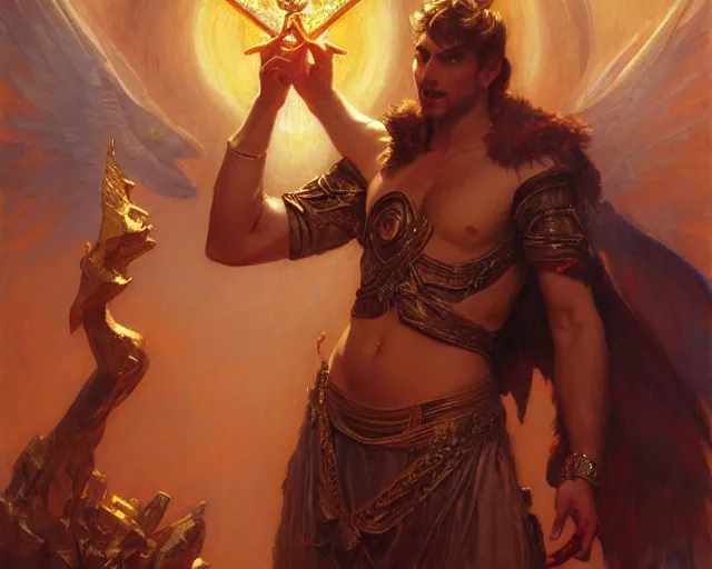 Image similar to attractive male deity, casting demonic magic, summoning handsome lucifer morning star. highly detailed painting by gaston bussiere, craig mullins, j. c. leyendecker 8 k