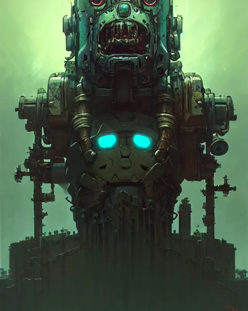 Prompt: bastion from overwatch, evil robot, character portrait, portrait, close up, concept art, intricate details, highly detailed, horror poster, horror, vintage horror art, realistic, terrifying, in the style of michael whelan, beksinski, and gustave dore