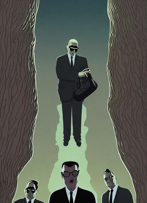 Image similar to poster artwork by Michael Whelan and Tomer Hanuka, of the Men in Black, from scene from Twin Peaks, clean