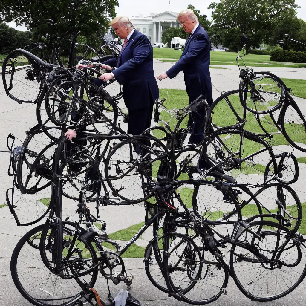 Image similar to trump repairs one bicycle outside the white house