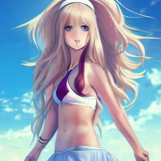 Image similar to a very beautiful proud young anime tennis girl, confident, full body, long wavy blond hair, sky blue eyes, full round face, bikini, miniskirt, front view, mid - shot, highly detailed, cinematic wallpaper by stanley artgerm lau