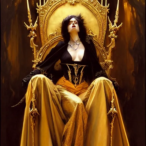 Image similar to full body portrait of beautiful vampire queen in gold gothic robes sitting on a throne of bones, elegant, highly detailed painting by gaston bussiere, craig mullins, j. c. leyendecker, 8 k, mid shot