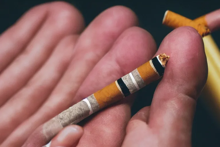 Image similar to Close-up of cigarette in five fingers, thin soft hand holding cigarette, hyper realistic, natural