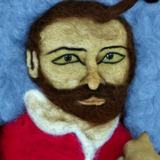 Prompt: by diego velazquez fine needle felting. a beautiful street art of a self - portrait of the artist. he is shown with his head turned to the left, looking at the viewer. his hair is wild & his eyes are wide open. his right hand is raised, as if he is pointing at something.