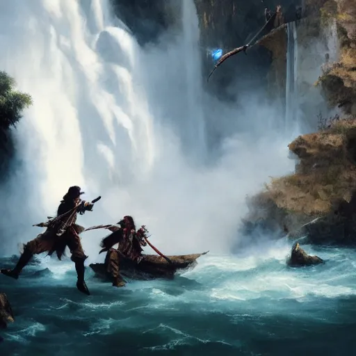 Image similar to two pirates having an intense sword fight in a rope bridge in front of a large waterfall, digital art, cinematic, vivid colors, elegant, sword duel, beautiful, epic, greg rutkowski, trending on art station