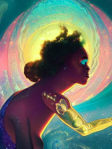 Prompt: highly detailed digital painting of a black female celestial being experiencing nirvana in space, colorful nebulas and planets in the background, highly detailed, intricate design, cinematic view, 8k resolution, artstation, by Akihiko Yoshida, Alphonse Mucha, and Krenz Cushart