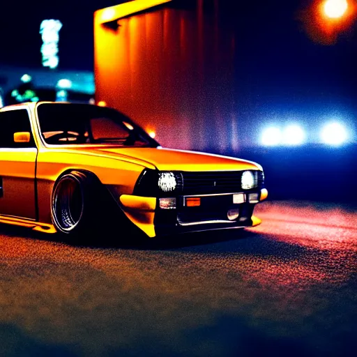 Image similar to a car S30 turbo drift at illegal car meet, shibuya prefecture, sunset night mist lights, cinematic color, photorealistic, highly detailed wheels, highly detailed