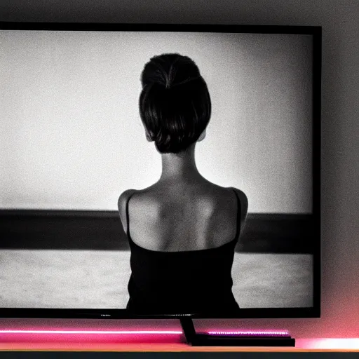 Image similar to Over the shoulder shot of a woman looking back at you. The T.V. is illuminating a disturbing grey image on the TV screen.