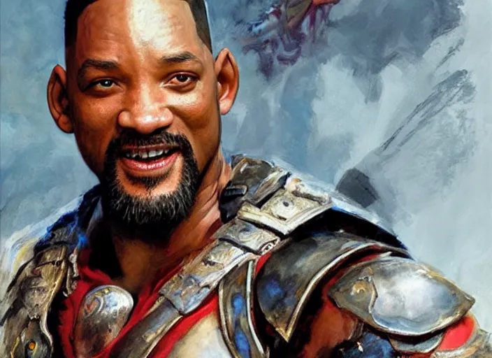 Prompt: a highly detailed beautiful portrait of will smith as kratos, by gregory manchess, james gurney, james jean
