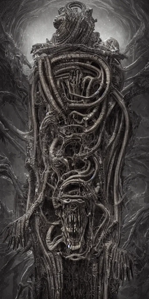 Prompt: necronomicon, book cover, evil, creepy, octane render, by h. r. giger