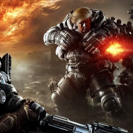 Image similar to Photo portrait of Donald Trump as Crusader!! in Gears of War, splash art, movie still, detailed face, photorealistic facial features, cinematic lighting, dramatic, octane render, long lens, shallow depth of field, bokeh, anamorphic lens flare, 8k, hyper detailed, 35mm film grain