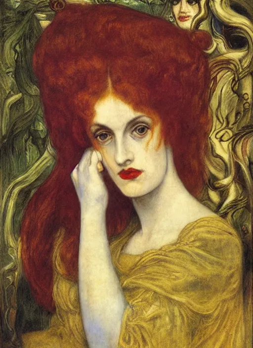 Image similar to masterpiece beautiful portrait, the queen of chaos by Dante Gabriel Rossetti, Oil on canvas. Joseph Marius Avy