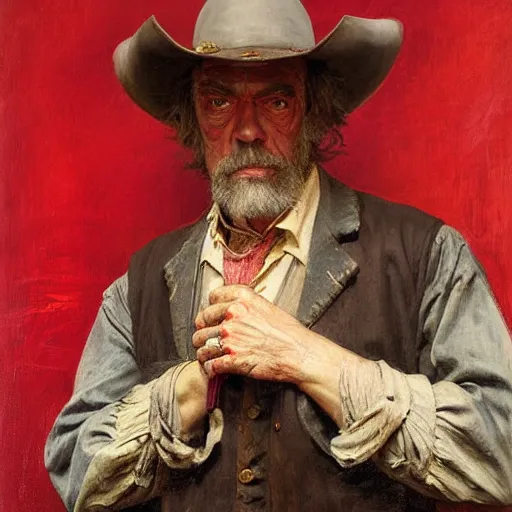 Prompt: Solomon Joseph Solomon and Richard Schmid and Jeremy Lipking victorian genre painting portrait painting of Jack Elam a rugged cowboy gunfighter old west character in fantasy costume, red background