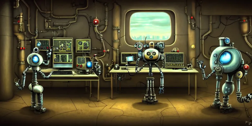 Prompt: steampunk robot happy Funny cartoonish with red eyes at a nuclear control room, by Gediminas Pranckevicius H 704