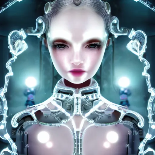Prompt: very up close symmetrical sci fi portrait of fashion elegant sophisticated of a translucent digital porcelain very beautiful cyborg lolita girl, dramatic lighting, ultra detailed ornate fractal neon wire decoration, radiant skin, rich luscious thick hair, complex white nano mechanical baroque flowers, micro detail, by satoshi kon, sharp focus, trending on artstation hq, deviantart, pinterest, unreal engine, 8 k