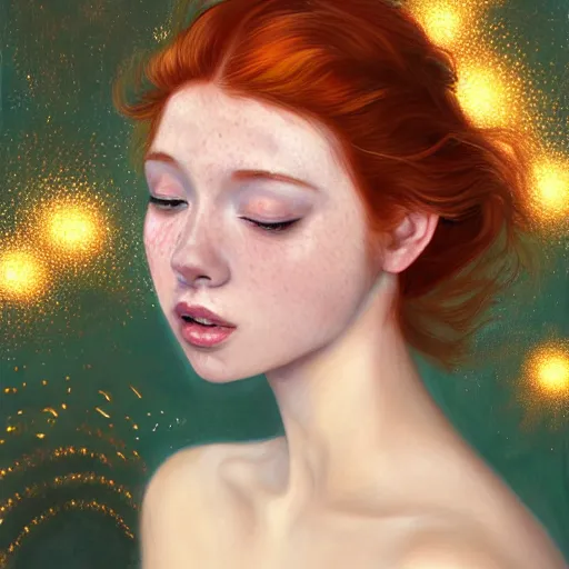 Image similar to a highly detailed, hyper realistic, stunning portrait of a red haired young woman, surrounded by the lights of golden fireflies, long hair, green eyes, hint of freckles, round gentle face, cheeky smile, romantic, deep focus, elegant, digital painting, smooth, sharp, golden ratio, illustration, art by artgerm and caravaggio