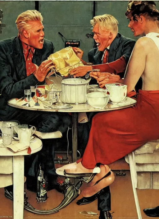 Image similar to gary busey spills his soup, by norman rockwell and tom lovell and frank schoonover and dean cornwell