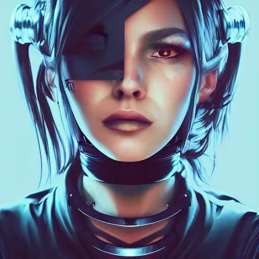 Image similar to headshot artwork of cyberpunk woman wearing thick steel choker, 4K, collar on neck, realistic, artstation, neon,