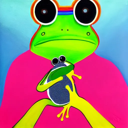 Image similar to alex jones holding a frog, frog, rainbow colors, oil on canvas