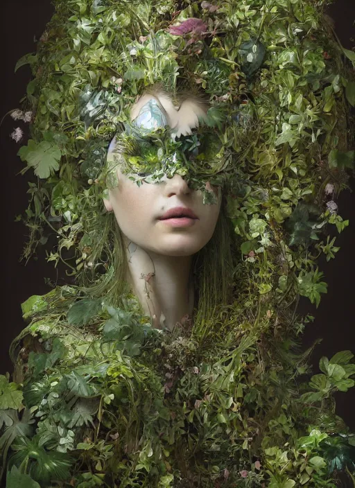 Image similar to studio portrait of a futuristic geisha cyborg overgrown with plants and ivy, modern fine art, fractal, intricate, elegant, highly detailed, digital photography, subsurface scattering, by jheronimus bosch and greg rutkowski,