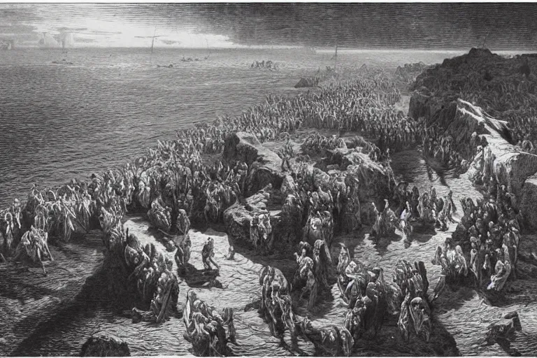 Image similar to aerial view, the biblical crossing of the red sea, Gustave Dore lithography