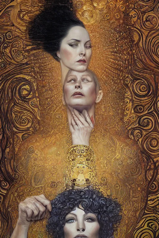 Image similar to Divine Chaos Engine portrait by Karol Bak, Jean Deville, Gustav Klimt, people looking at a large painting wearing oculus in a contemporary museum, dark, intricate, realistic detailed image of a semi overhead view of an old couple sitting on a couch highly detailed, smooth, artstation, digital illustration by moebius. James jean graffiti. Artgerm and Franics Bacon and Greg Rutkowski and Zdzislaw Beksinski