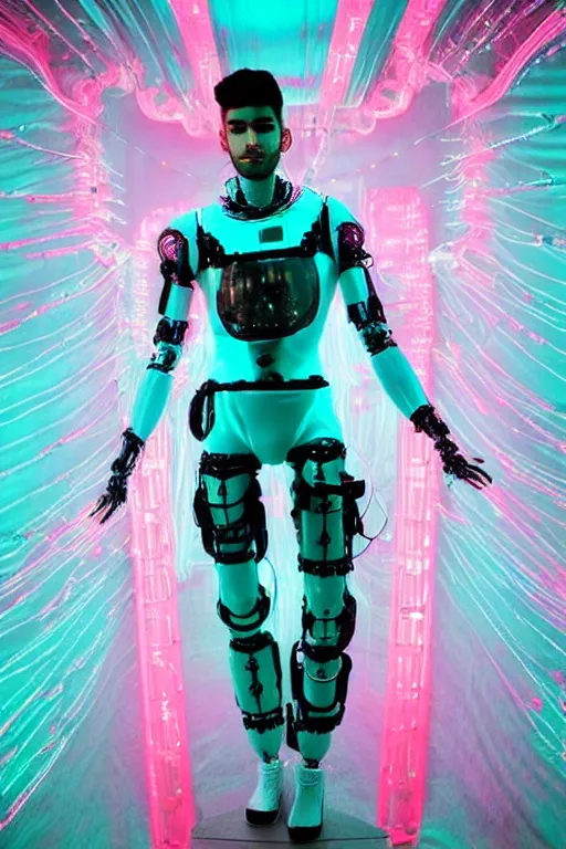 Image similar to full-body rococo and cyberpunk style mint neon and ceramic statue of a muscular pale Zayn Malik as a robot god humanoid wearing a thin see-through plastic cloak sim roupa, posing like a superhero, suspended to the wall thick clear cables around his wrists, glowing peach face, crown of pink steampunk lasers, large diamonds, swirling silver silk fabric. futuristic elements. oozing glowing liquid, full-length view. space robots. human skulls. throne made of bones, intricate artwork by caravaggio. Trending on artstation, octane render, cinematic lighting from the right, hyper realism, octane render, 8k, depth of field, 3D