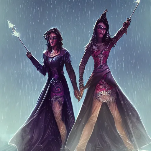 Image similar to a tarot card of a two female necromancers casting spells, ominous nighttime storm, fantasy, d & d, intricate, elegant, highly detailed, digital painting, artstation, concept art, matte, sharp focus, illustration, art in the style of disney
