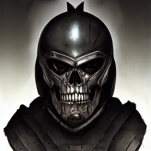 Prompt: grimdark space knight skull helmet, terrifying, grimdark, photorealistic, front view, symmetrical, artstation, art by brom