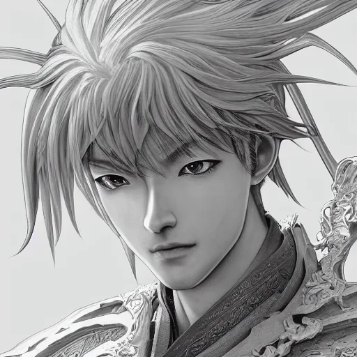 Image similar to an immortal xianxia cultivator as an absurdly handsome, elegant, angelic, young anime man, ultrafine hyperrealistic detailed face illustration by kim jung gi, irakli nadar, intricate linework, sharp focus, bright colors, matte, final fantasy, unreal engine highly rendered, global illumination, radiant light, intricate environment