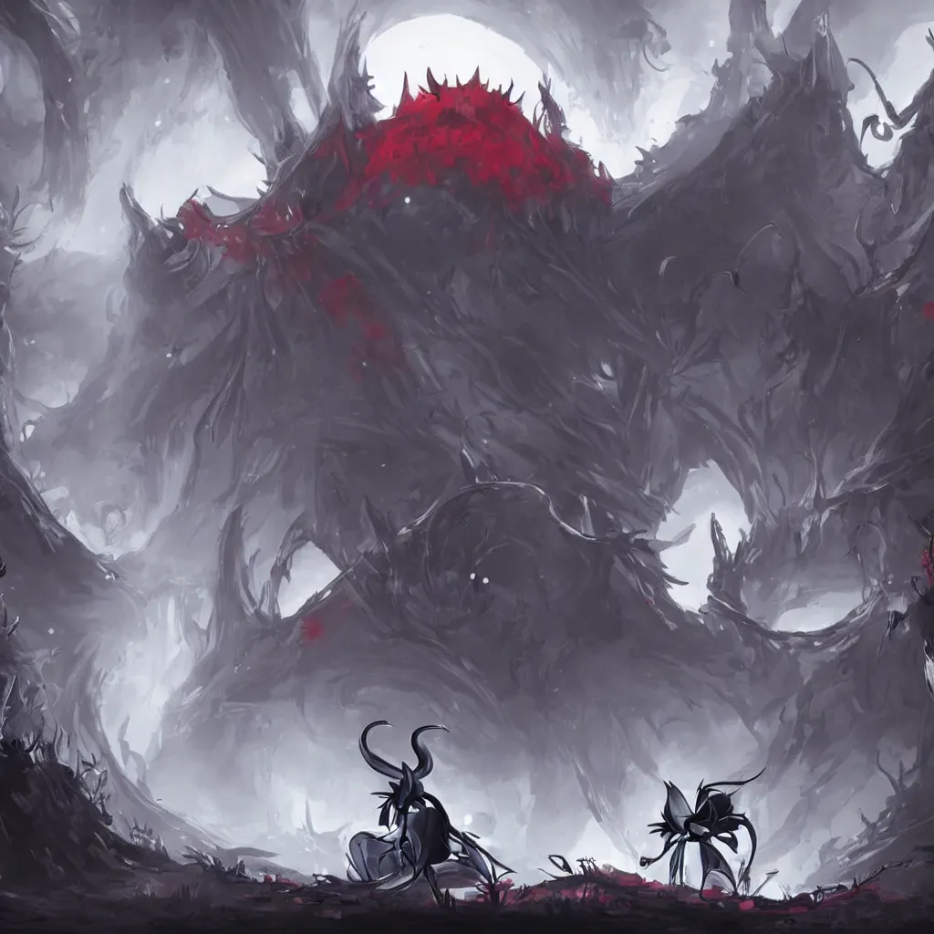 Image similar to concept art for hollow knight. Ominous. High detail. No text. Red. Bright Colors. nightmare king grimm. Sharp. 4K 8K. Detailed shapes.