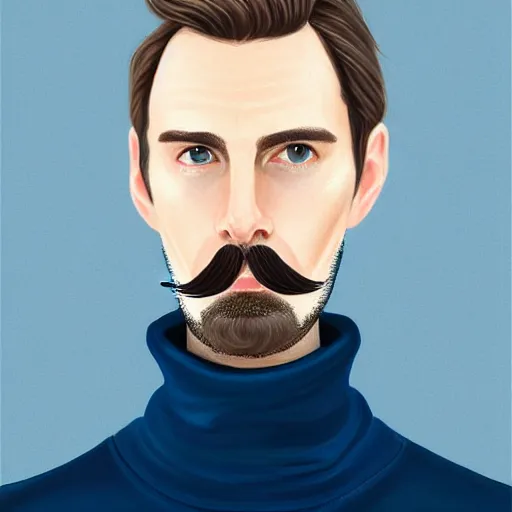 Image similar to gangly man with short dark blond wavy hair, dark blond short beard, very short mustache, English heritage, blue eyes, middle aged, wearing a turtleneck and jacket, pale skin, narrow face, digital art, painterly, cartoon, cute, 8k, illustration, art by loish, painterly, trending on artstation, medium shot, uncropped