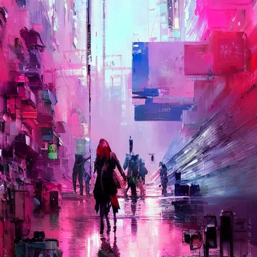 Prompt: acrylic painting, impressionism and expressionism, bold colors, expressive brushstrokes. a city street with pink flowers, cyberpunk art by wadim kashin, cgsociety, panfuturism, cityscape, dystopian art, anime aesthetic