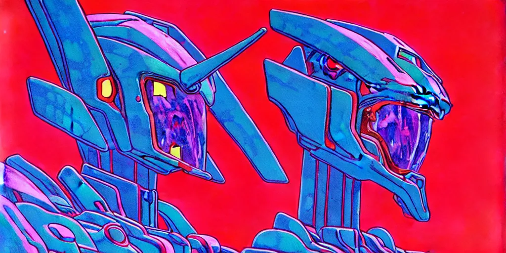 Prompt: risograph grainy painting of gigantic huge evangelion - like complicated agundam mech face with a lot of details and lasers covered ooze, by moebius and dirk dzimirsky and satisho kon, close - up wide portrait