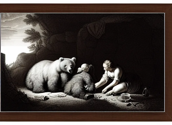 Image similar to Pieter Claesz's 'a bear and her cub sleeping in a dark cave, lit by campfire', night time, cross hatching, backlit, beautiful wooden frame, monochrome, colours of the sunset