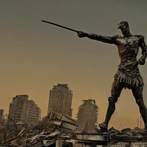 Prompt: statue of a warrior standing in the destroyed city, post apocalyptic scenery