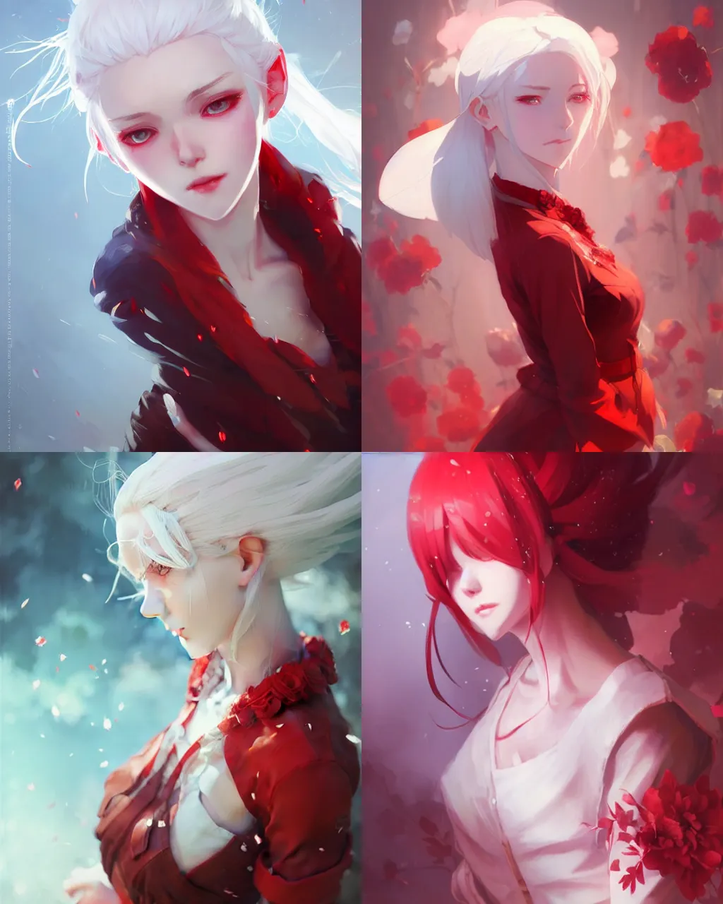 Prompt: girl with white hair and red clothing, flower decoration on the background, a beautiful half body illustration, top lighting, perfect shadow, soft painting, art by hidari and krenz cushart and wenjun lin