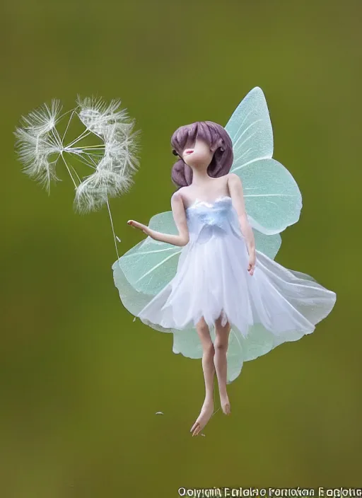 Prompt: an ethereal delicate female fairy clinging to a dandelion seed that is blowing in the wind.