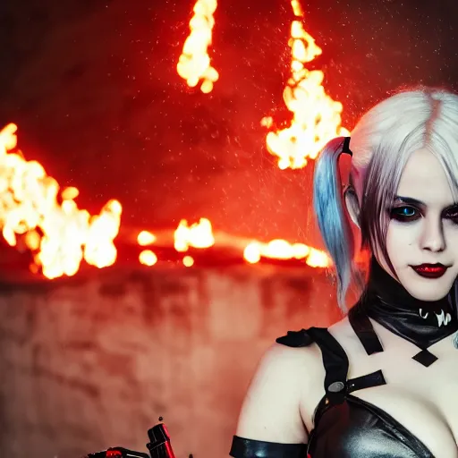 Prompt: photo of Harley Quinn as 2B nier automata, fire in background, bokeh, medium full shot, highly detailed skin and detailed face, flares, multicolor smoke