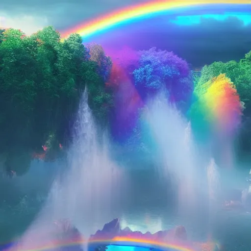 Image similar to god spills multicolored rainbow iridiscent water rivers from a sky, fantasic rain, render, octane render, 3 d, unreal engine, raytracing, 8 k