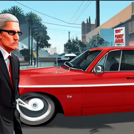 Image similar to tim cook in gta v, cover art by stephen bliss, boxart, loadscreen