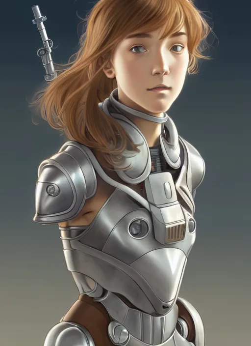 Prompt: young mysterious girl with light hazelnut hair with side swept bangs, perfectly proportioned face, brown eyes, strong square jawline, natural lighting, path traced, highly detailed, high quality, cartoon, digital painting, by new haicheng and studio ghibli and alphonse mucha wearing an cyborg space armor designed by neill blomkamp